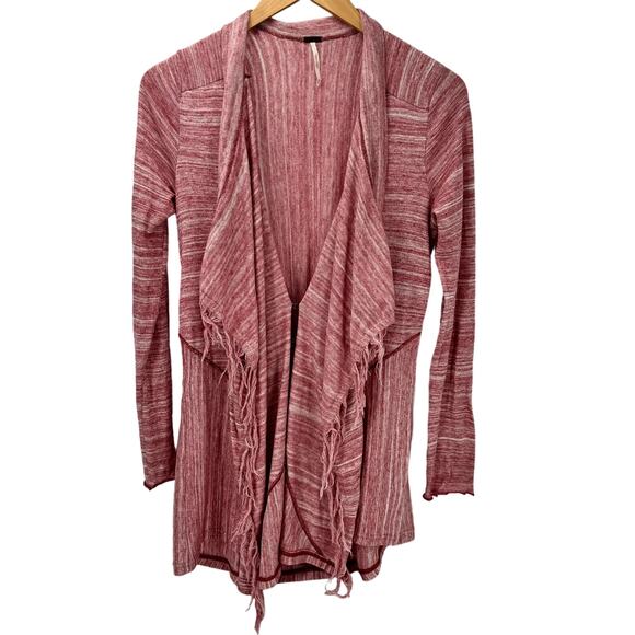 Free People Cardigan Womens Medium Pink TAKE A BOW Knit Waterfall Fringe Boho - Picture 1 of 8